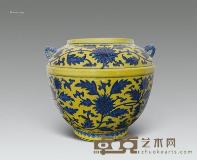 清雍正 黄地青花缠枝莲纹绳耳罐 高19.5cm