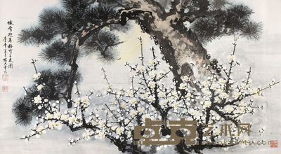 陈大章 傲雪迎年梅竹二友图 81.5×147cm