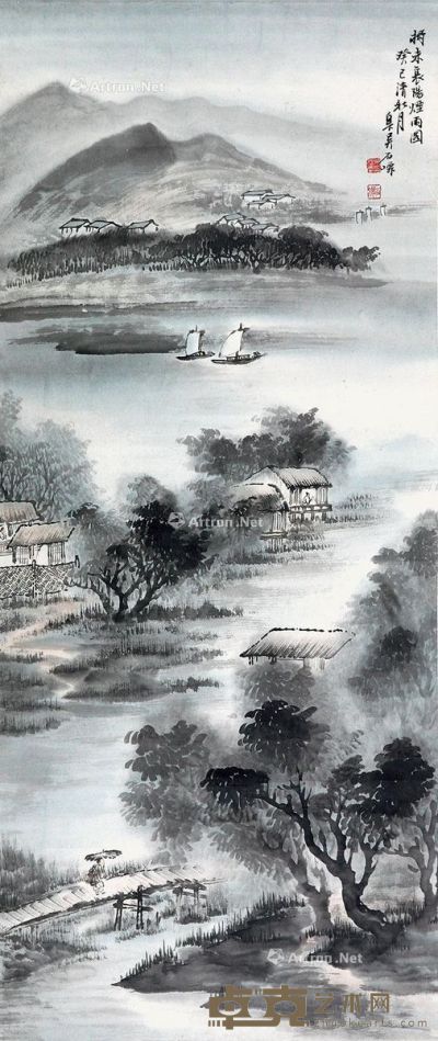 吴石僊烟雨图 97×41cm