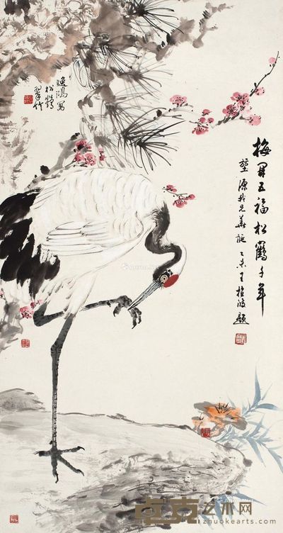 傅狷夫高逸鸿等 1955年作 松鹤延年 91.5×48cm