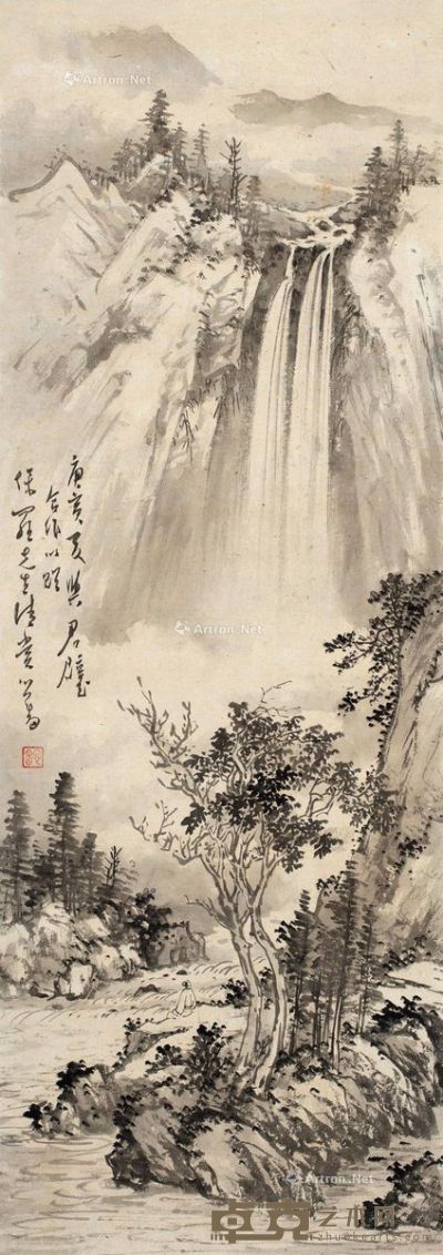 溥儒黄君璧1950年作 林泉飞瀑 93×33cm