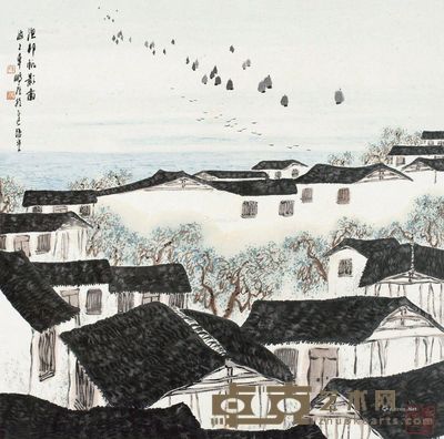 车鹏飞渔邨帆影图 69×69cm