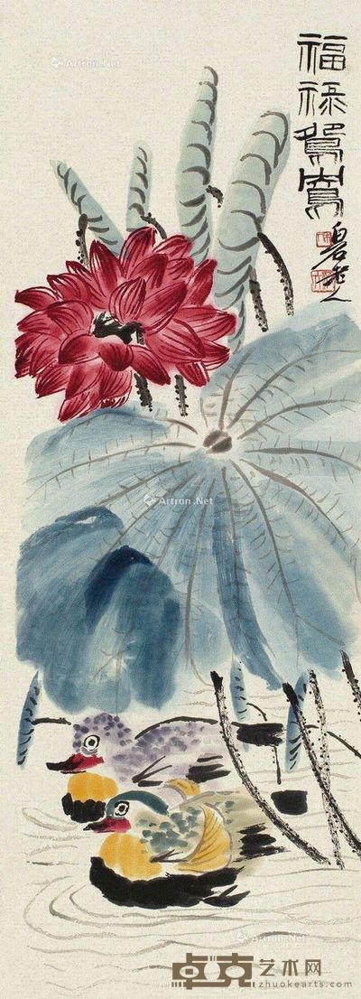 木刻水印福禄鸳鸯 纸本 木刻水印 98×35cm