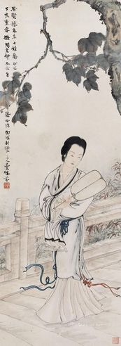 邓芬1947年作拟周臣执扇仕女