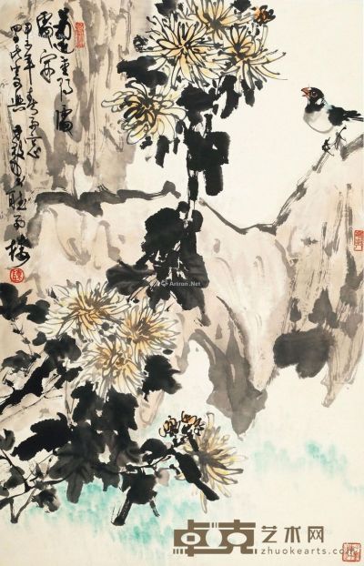 陈子毅1984年作菊石翠鸟 90×58.5cm