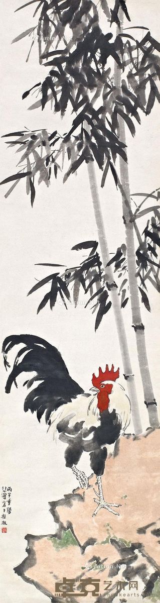 徐悲鸿丙子（1936年）作竹石雄鸡 147×38.6cm