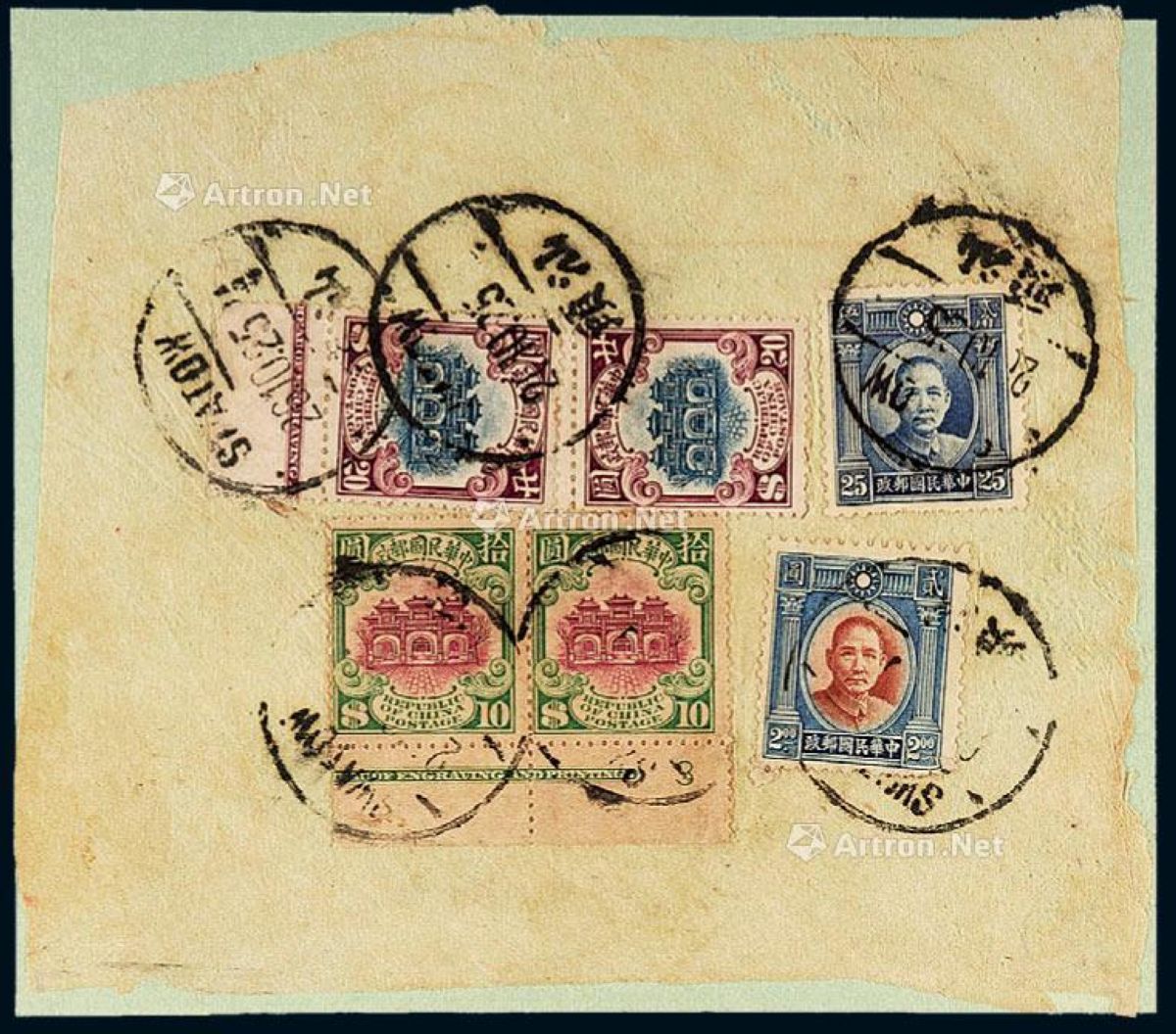 △1936年包裹单剪片一件，贴北京二版帆船邮票10元、20元各二枚，伦敦一 