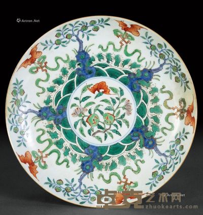 清 青花粉彩开光福寿盘 直径24cm