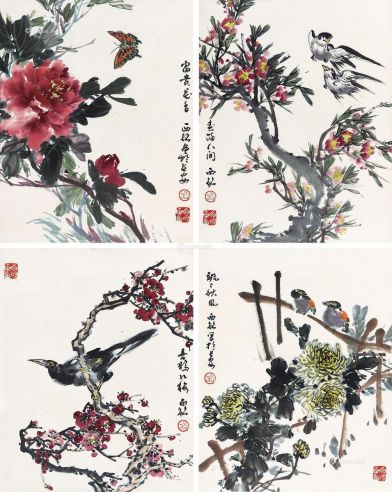 四季花卉图 （四幅） 镜框 设色纸本