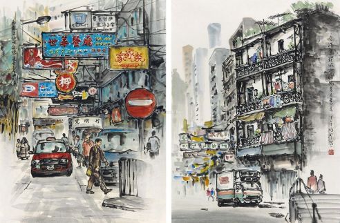 香港风情 （二幅） 镜片 设色纸本