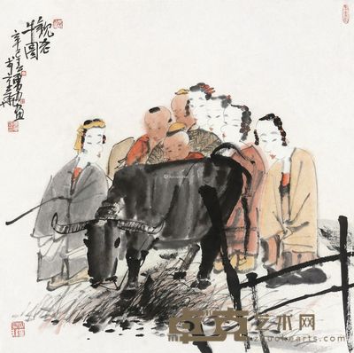 唐勇力2001年作观老牛图 67×67cm