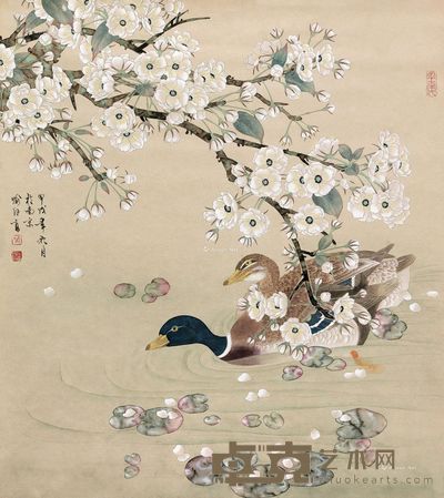 喻继高桃花鸳鸯图 75.5×68cm