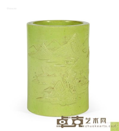 清晚期 柠檬黄釉雕瓷笔筒 高12.6cm