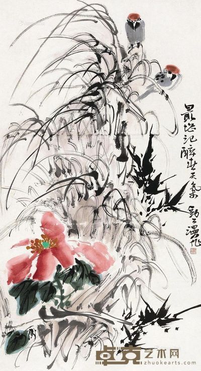 李苦禅花卉小雀 87×47cm