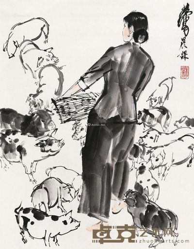 黄胄喂猪图 68×53cm