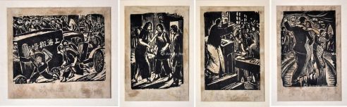 野夫1935年作《战火避难》《女人之间》《学生抗议》《喧闹舞厅》抗日组画