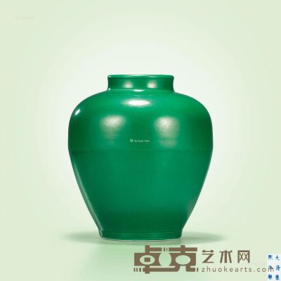 清康熙 瓜皮绿釉罐 高23cm