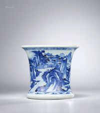 康熙11年（1672） 青花釉里山水渔唱舟行图束腰笔筒