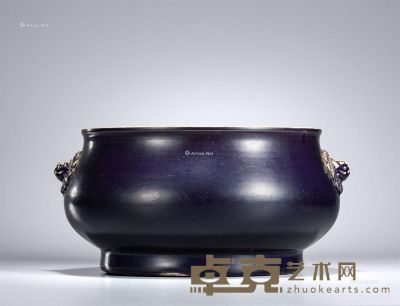 清中期 茄皮紫釉双兽耳炉 直径22.7cm
