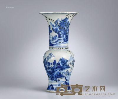 清康熙 青花山水人物纹花觚 高45.3cm
