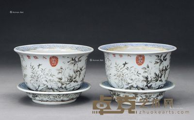 同治 光绪大雅斋款墨彩花盆 （一对） 直径17cm；高10cm