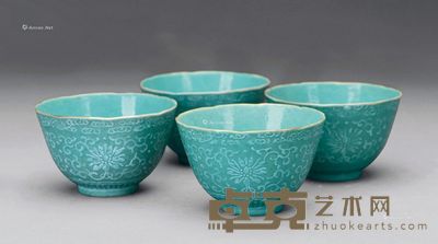 清 绿地缠枝莲茶碗 （一组四件） 直径10.4cm；高6.5cm