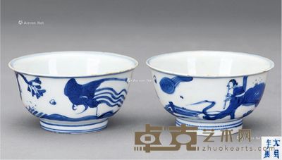明天启 青花吹啸引凤茶盆 直径9.6cm；高5cm；4.7cm