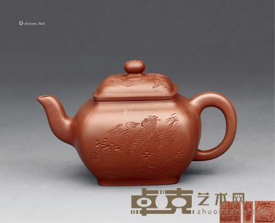 张红华制汪更新绘 四方壶 高9cm;宽9.5cm