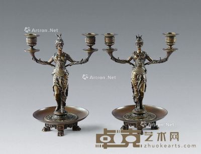 20世纪 人物铜雕烛台 （一对） 高27cm