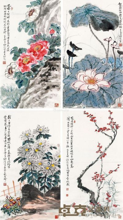 邵洛羊  四季花卉 88.5×48cm×4
