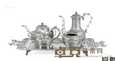 清代 银制竹纹茶具 （五件套） 高20、12、8.5、7.6cm；托盘长45cm，宽34cm；总重4104