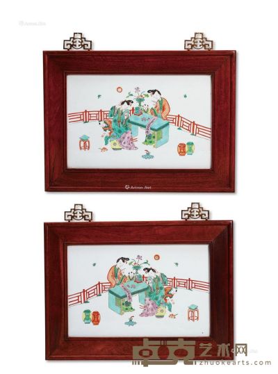 清 五彩侍女人物纹瓷板 （一对） 长36cm；宽23.5cm
