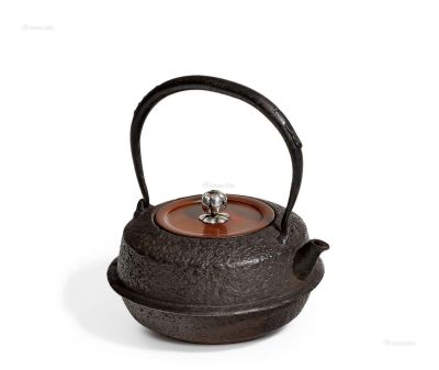 昭和时期 龙文堂银钮铜盖茶釜型柚子肌铁壶