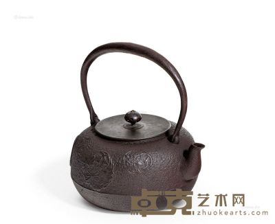 昭和时期 正寿堂岩肌团花纹紫铜盖铁壶 高21cm