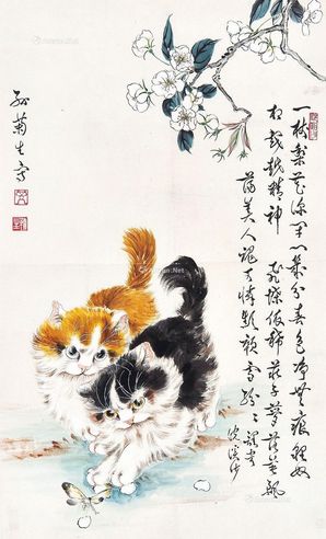 孙菊生 双猫捕蝶