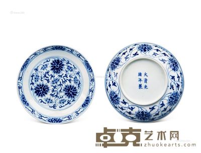 清光绪 青花缠枝莲纹盘 （一对） 直径15.6cm×2