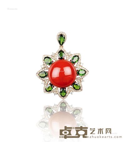 --18K金 天然珊瑚圆珠吊坠 --