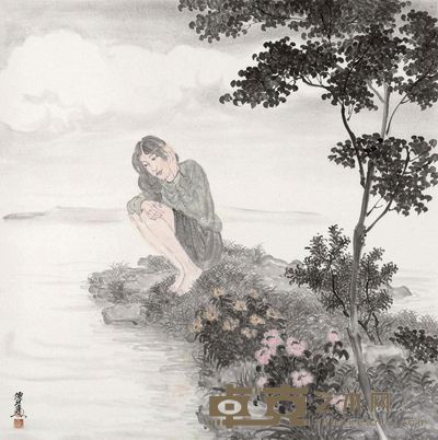 谭雷鸣 花间少女 69×69cm