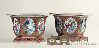 清 粉彩开光花盆 （一对） 高24cm×2