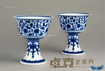 清道光 青花缠枝莲纹高足杯(一对) 高9.2cm×2