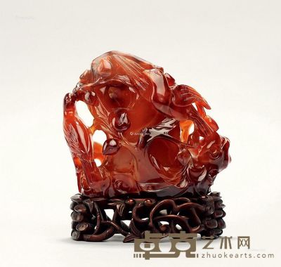 清 玛瑙雕喜鹊登枝祝寿纹花插 高15.5cm