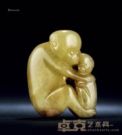 清 黄玉双猴献寿把件 高4.4cm