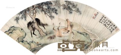 殷梓湘 双骏图扇面 宽49cm