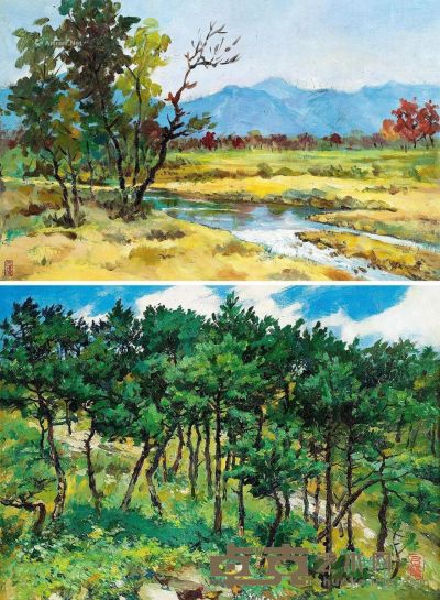 费以复 风景 （一组两幅） 油彩 画布 34×54cm；26.5×37cm