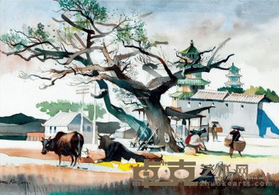 曾景文 牛及风景 水彩 纸本 52.5×73cm