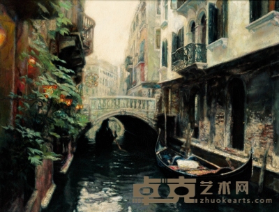 陈逸飞 有桥与平底船的威尼斯风景 66×87cm
