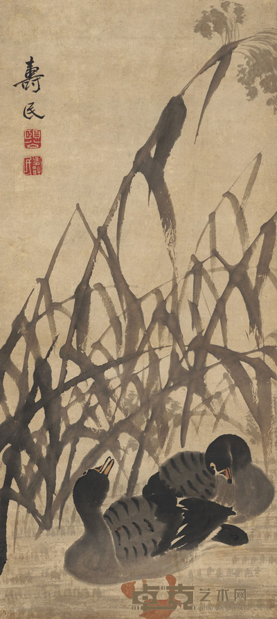 边寿民 芦岸双鹜图 设色纸本 立轴