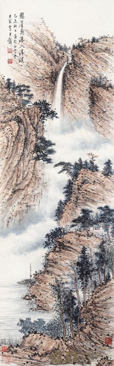 黄君璧 悬崖飞瀑入清溪 110×33cm