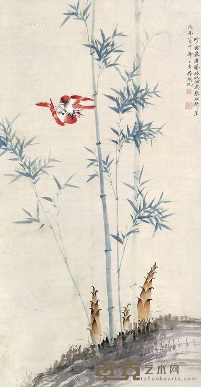 吴湖帆 竹叶小鸟 113×59cm