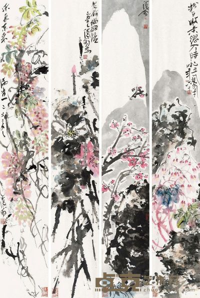 吴冠南 花卉 129×21cm×4